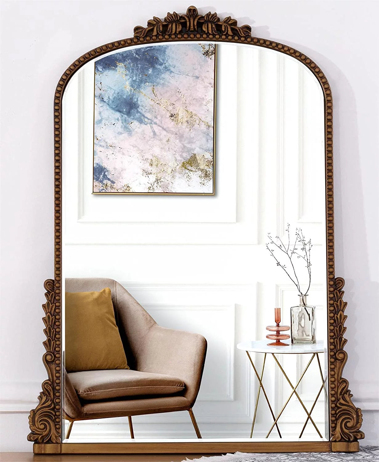 Traditional Baroque Arch Wall Mirror Antique Gold Mirror Wall Decor for Living Room Home 31.5" X 23.6''