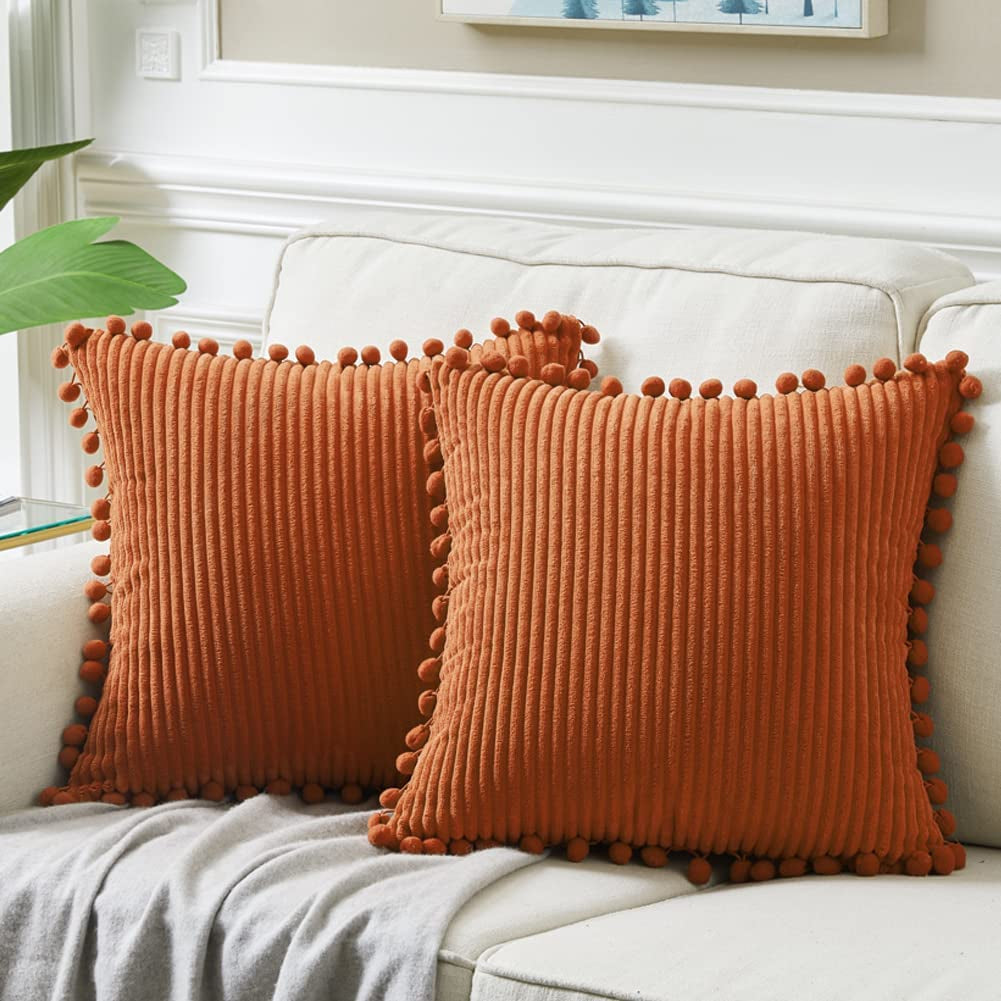 Fancy Homi Dark Gray Decorative Throw Pillow Covers 18X18 Inch with Pom Poms, Boho Farmhouse Home Decor, Soft Corduroy Accent Square Cushion Case for Living Room Couch Bed Sofa 45X45 Cm