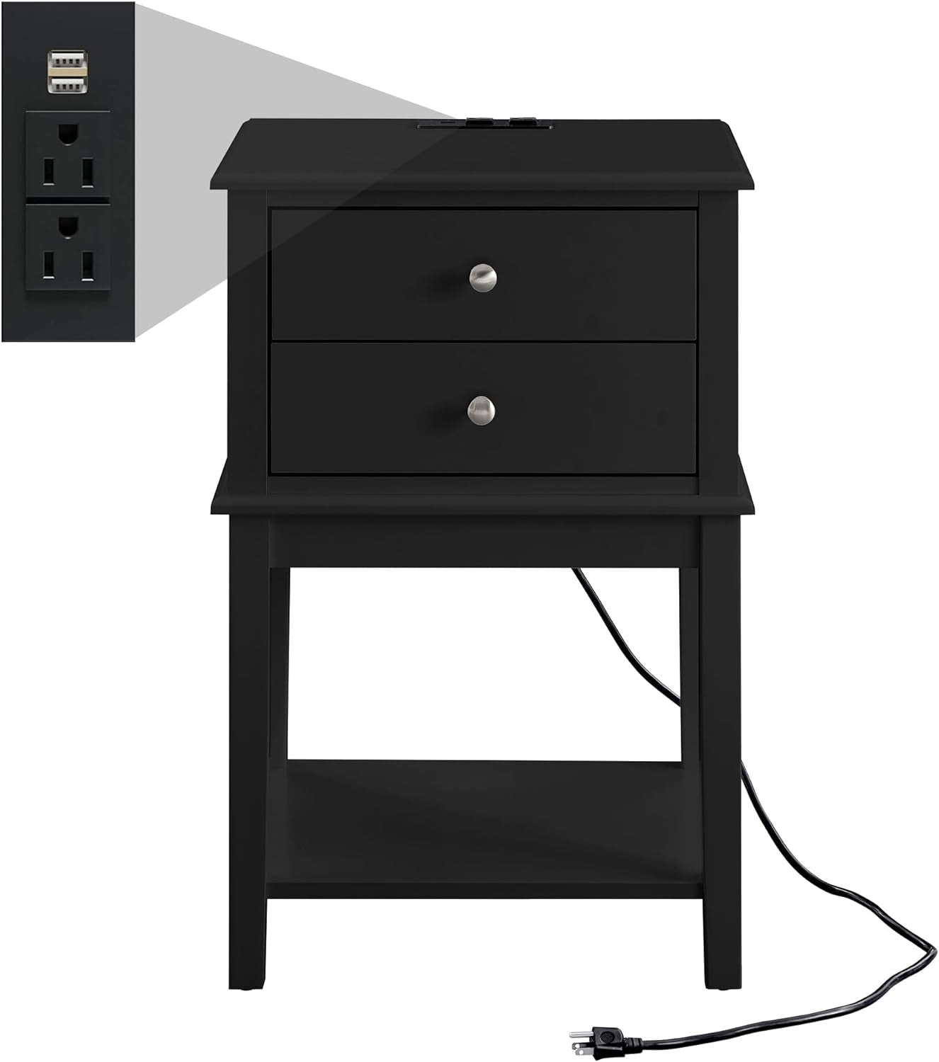 Black Nightstand with 2 Drawers for Bedrooms Tall 28", Big Wooden Bed Night Stand, Large Modern 19" Side End Table for Living Room