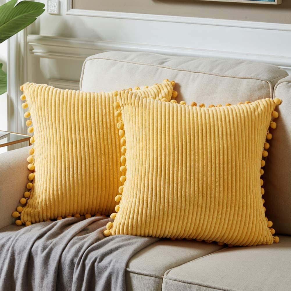 Fancy Homi Dark Gray Decorative Throw Pillow Covers 18X18 Inch with Pom Poms, Boho Farmhouse Home Decor, Soft Corduroy Accent Square Cushion Case for Living Room Couch Bed Sofa 45X45 Cm