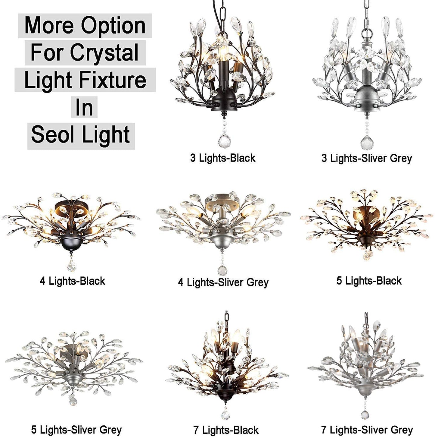 Seol-Light Vintage Crystal Branch Close to Ceiling Light Fixture Black Chandelier Flush Mount with 4 Light 160W 24.5" Dia;