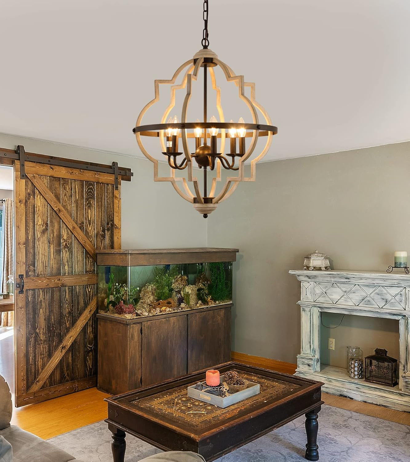 Rustic Antique Orb Chandelier Farmhouse Vintage 6-Lights Oak White