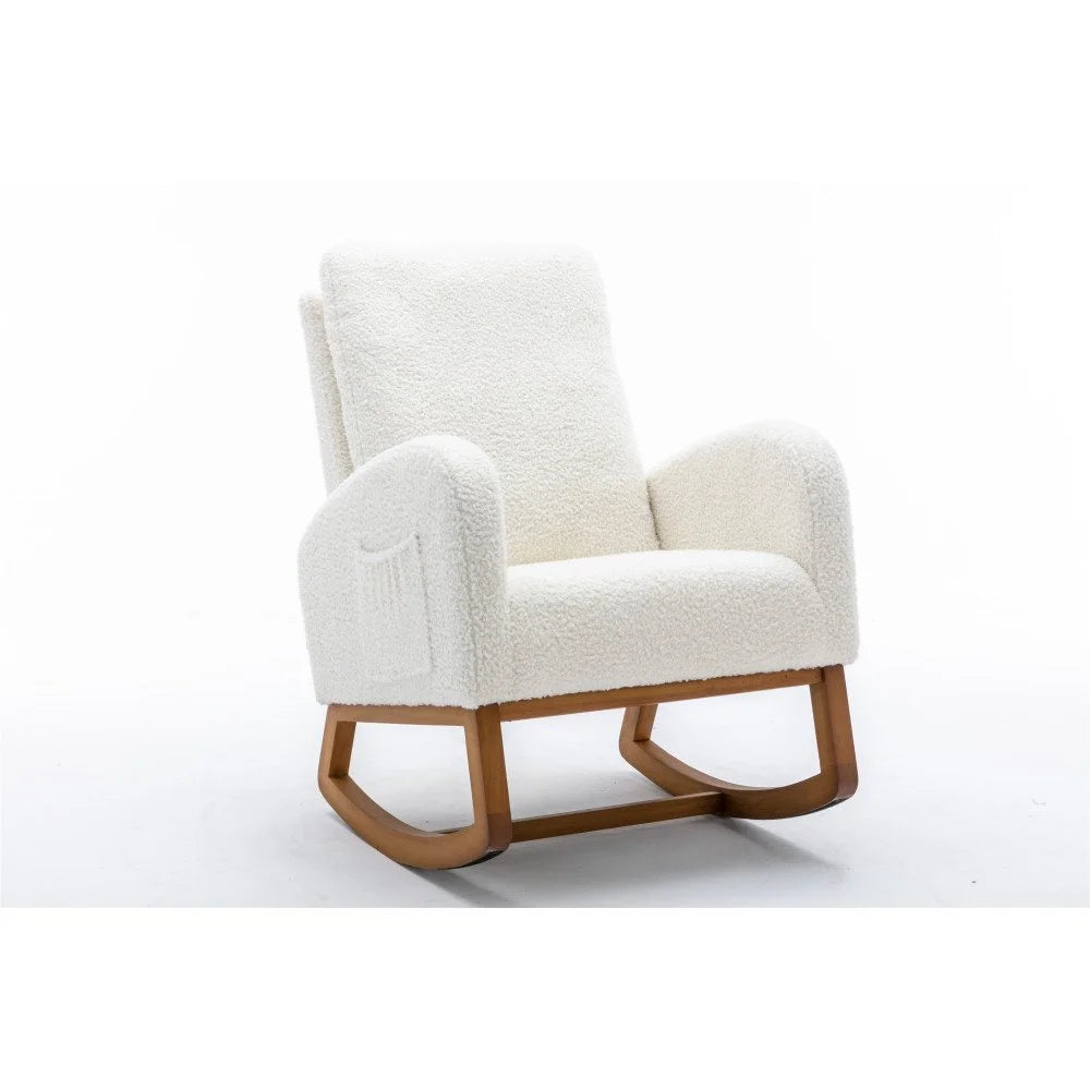 Nursery Rocking Chairs, Upholstered Fabric Nursery Chairs with Tall Back and Side Pocket, Nursing Chair with Rubber Wood Legs, Rocker Glider Chair, White Teddy