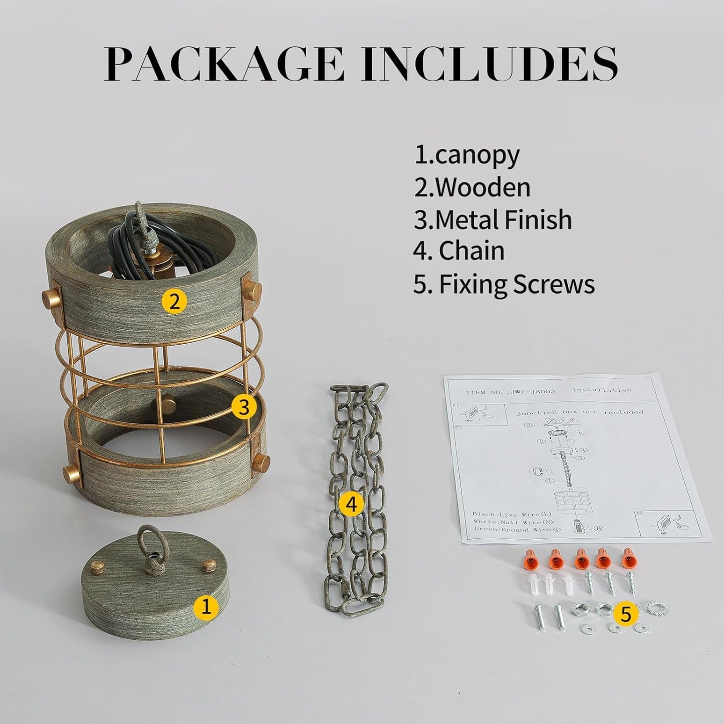 Farmhouse Pendant Light, Adjustable Metal and Wood Chandelier Light