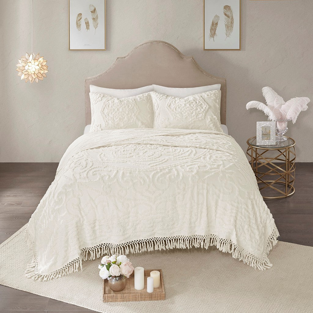 Tufted Cotton Chenille Medallion Fringe Coverlet Mini Set Off-White Twin/Twin XL