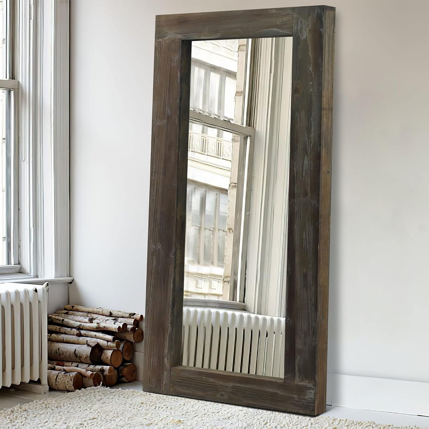 KIAYACI Arched Floor Mirror Wood Frame Wall Mounted Mirror Distressed Style Wide Frame Dressing Make up Mirror for Bathroom/Bedroom/Living Room/Dining Room/Entry/Farmhouse (Light Gray, 64" X 21")…