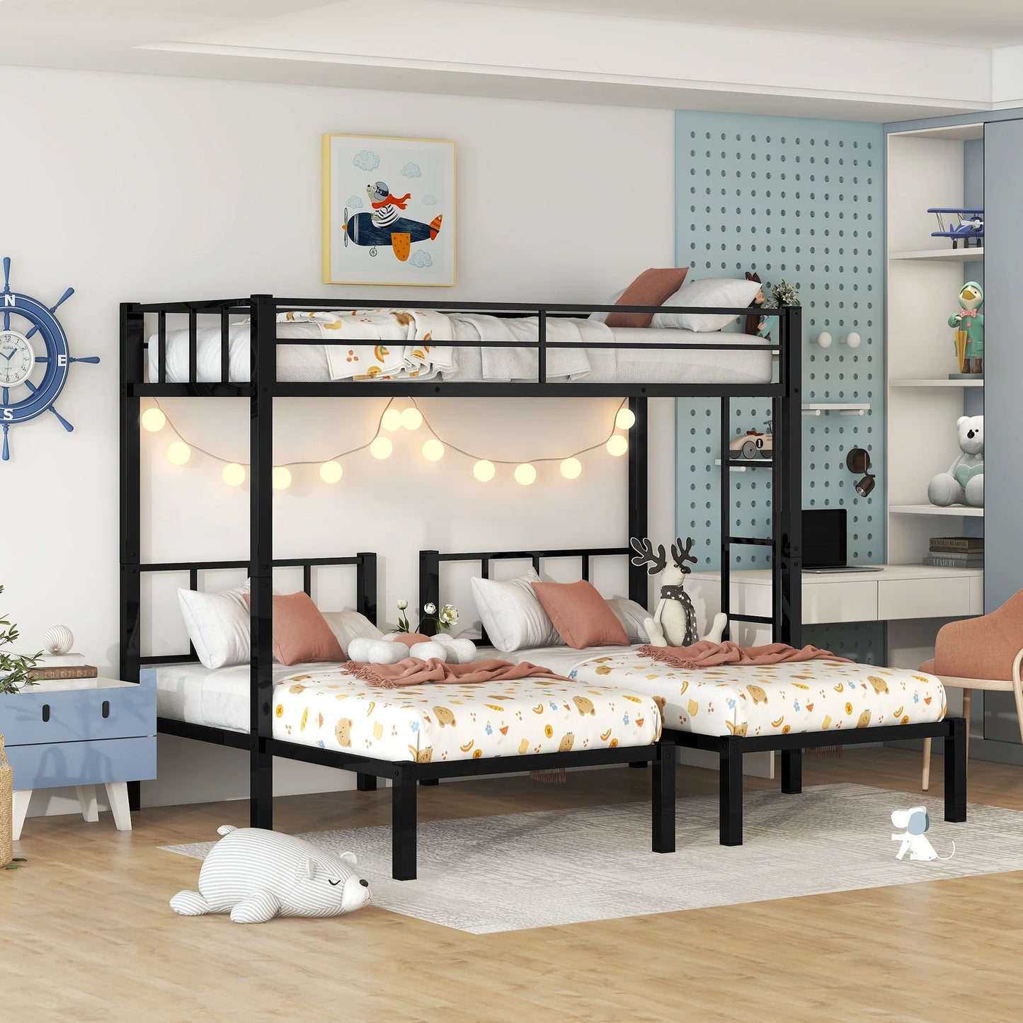 Metal Twin Triple Bunk Bed, Twin over Twin over Twin Bunk Bed for 3 Kids, Noise Reduced Structure, Separates into 3 Twin Beds, Black