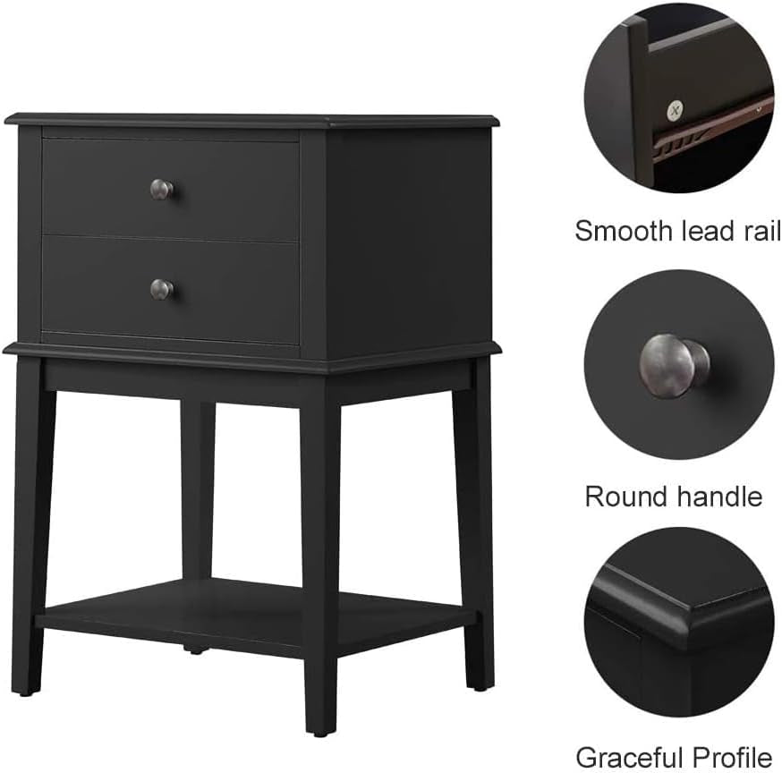 Black Nightstand with 2 Drawers for Bedrooms Tall 28", Big Wooden Bed Night Stand, Large Modern 19" Side End Table for Living Room
