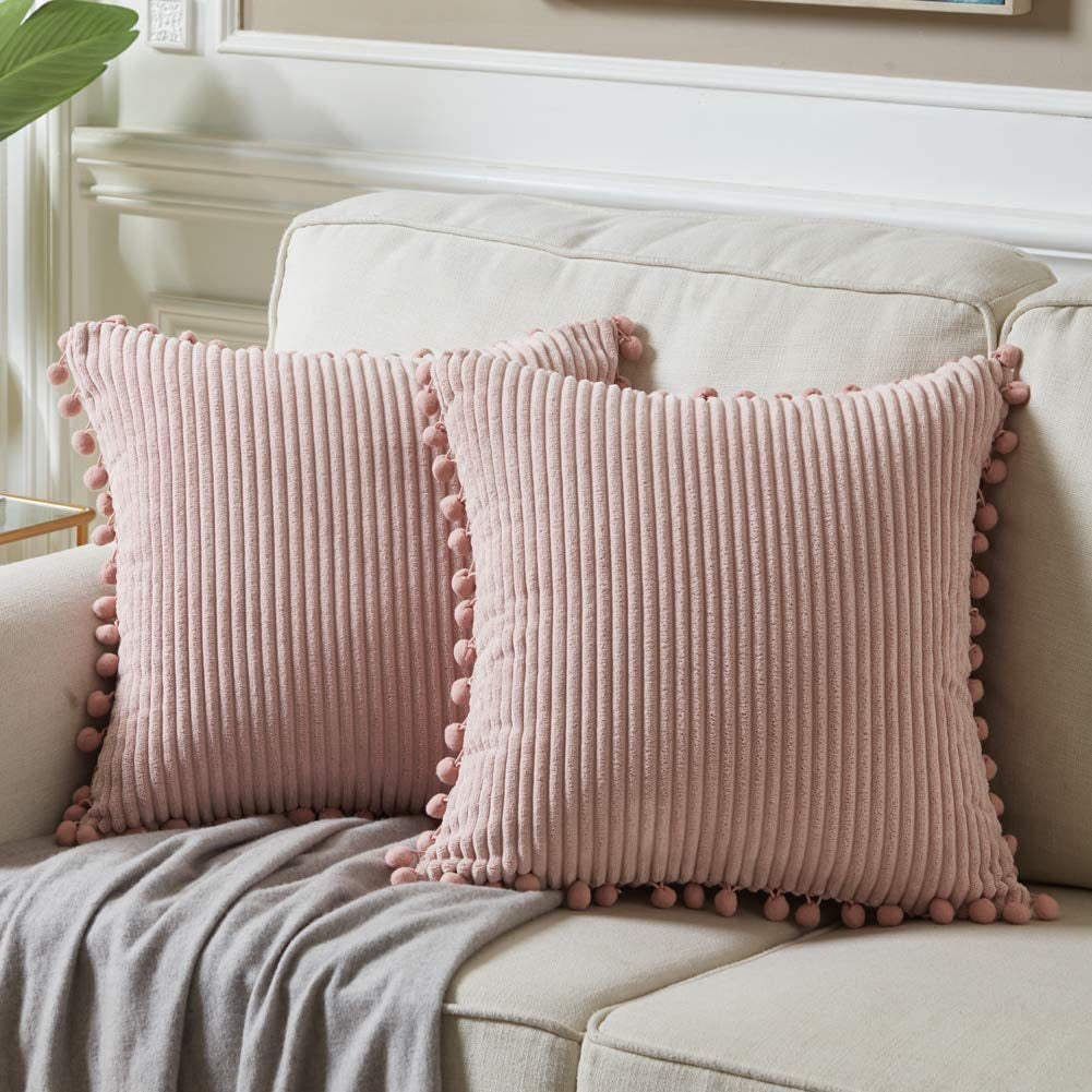 Fancy Homi Dark Gray Decorative Throw Pillow Covers 18X18 Inch with Pom Poms, Boho Farmhouse Home Decor, Soft Corduroy Accent Square Cushion Case for Living Room Couch Bed Sofa 45X45 Cm