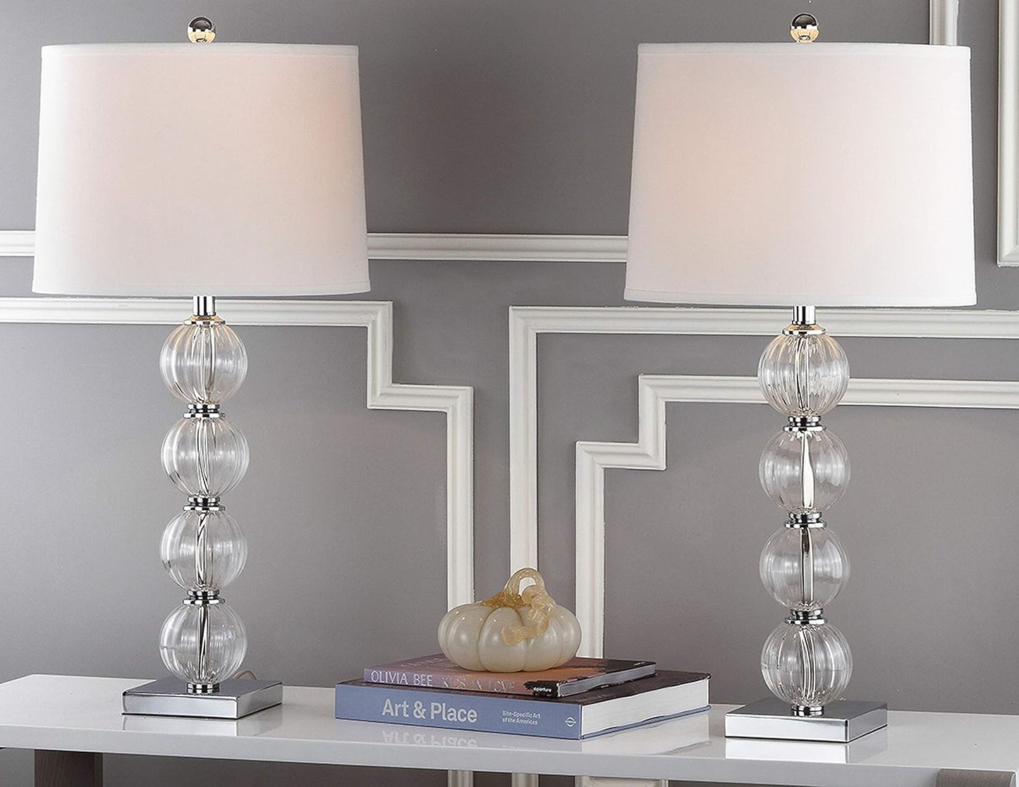 SAFAVIEH Lighting Collection Amanda Modern Crystal Stacked Globe 30-Inch Bedroom Living Room Home Office Desk Nightstand Table Lamp Set of 2 (LED Bulbs Included)