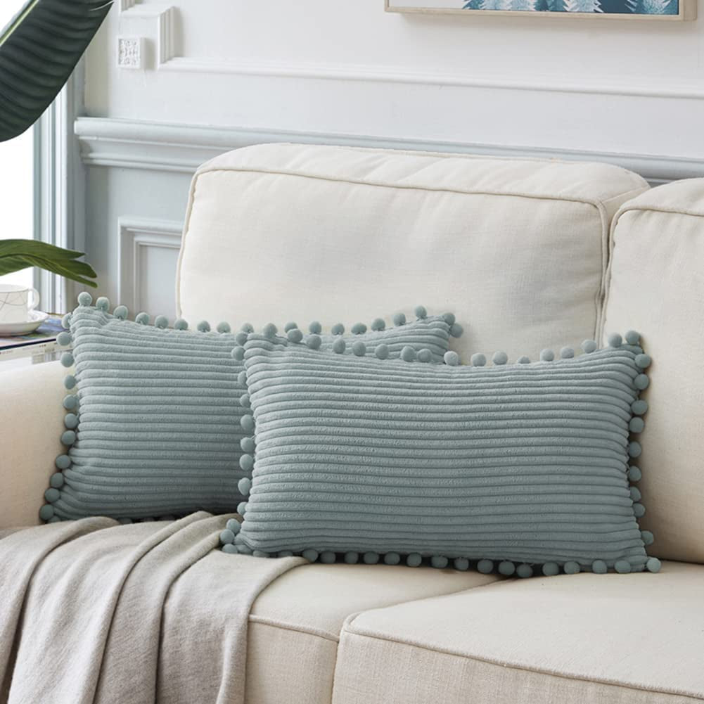 Fancy Homi Dark Gray Decorative Throw Pillow Covers 18X18 Inch with Pom Poms, Boho Farmhouse Home Decor, Soft Corduroy Accent Square Cushion Case for Living Room Couch Bed Sofa 45X45 Cm