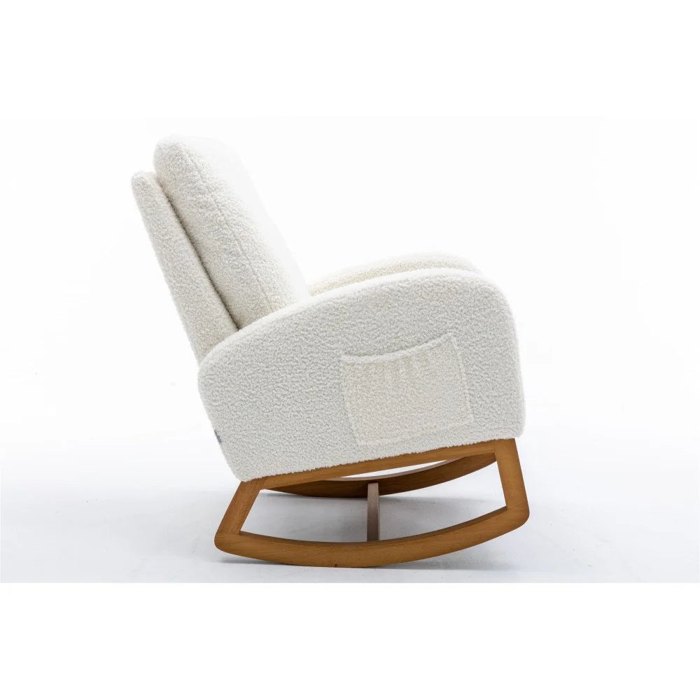 Nursery Rocking Chairs, Upholstered Fabric Nursery Chairs with Tall Back and Side Pocket, Nursing Chair with Rubber Wood Legs, Rocker Glider Chair, White Teddy