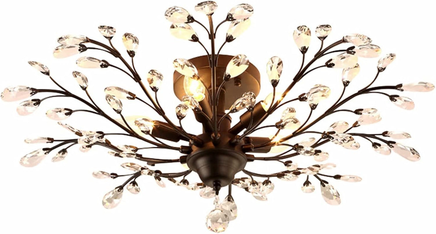 Seol-Light Vintage Crystal Branch Close to Ceiling Light Fixture Black Chandelier Flush Mount with 4 Light 160W 24.5" Dia;