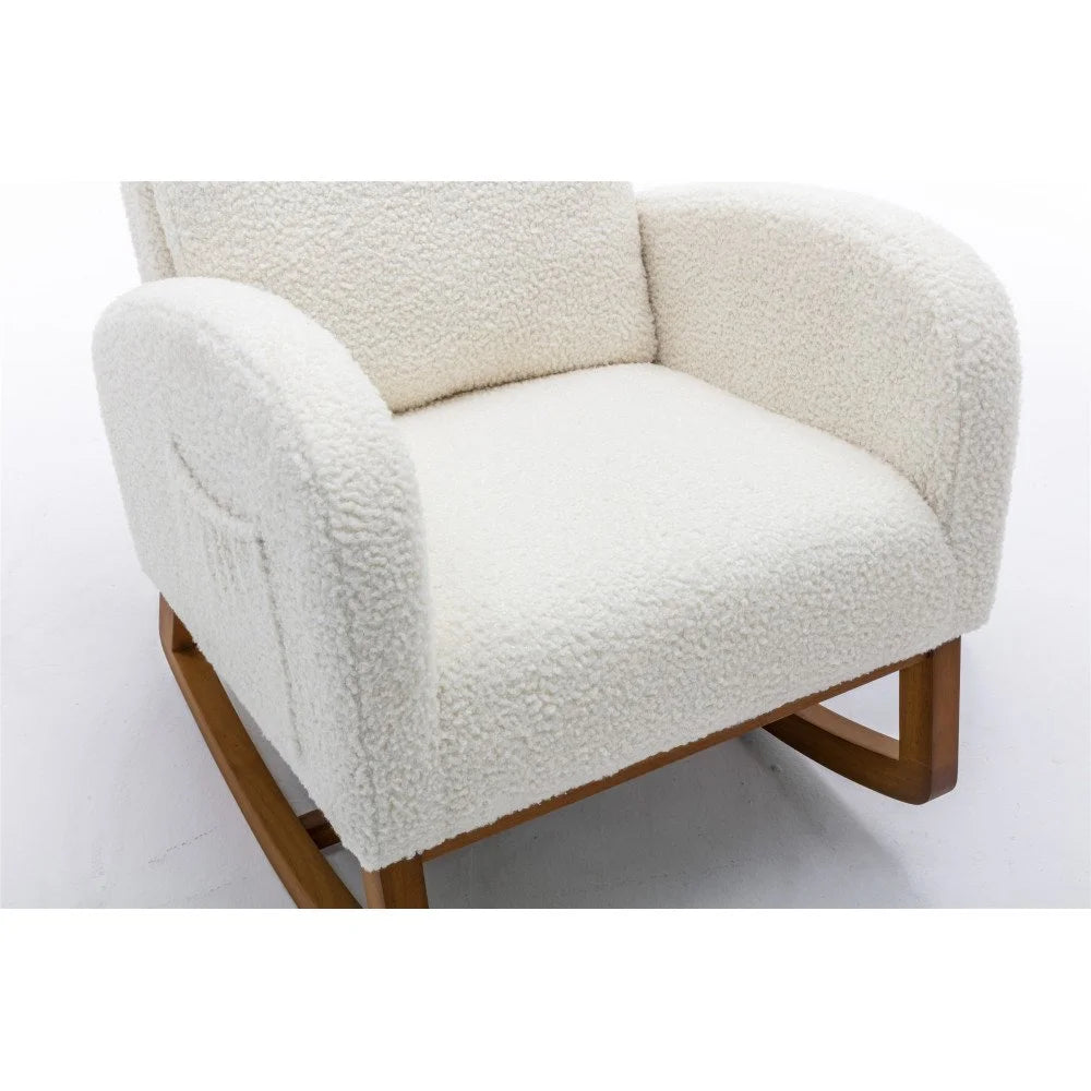 Nursery Rocking Chairs, Upholstered Fabric Nursery Chairs with Tall Back and Side Pocket, Nursing Chair with Rubber Wood Legs, Rocker Glider Chair, White Teddy