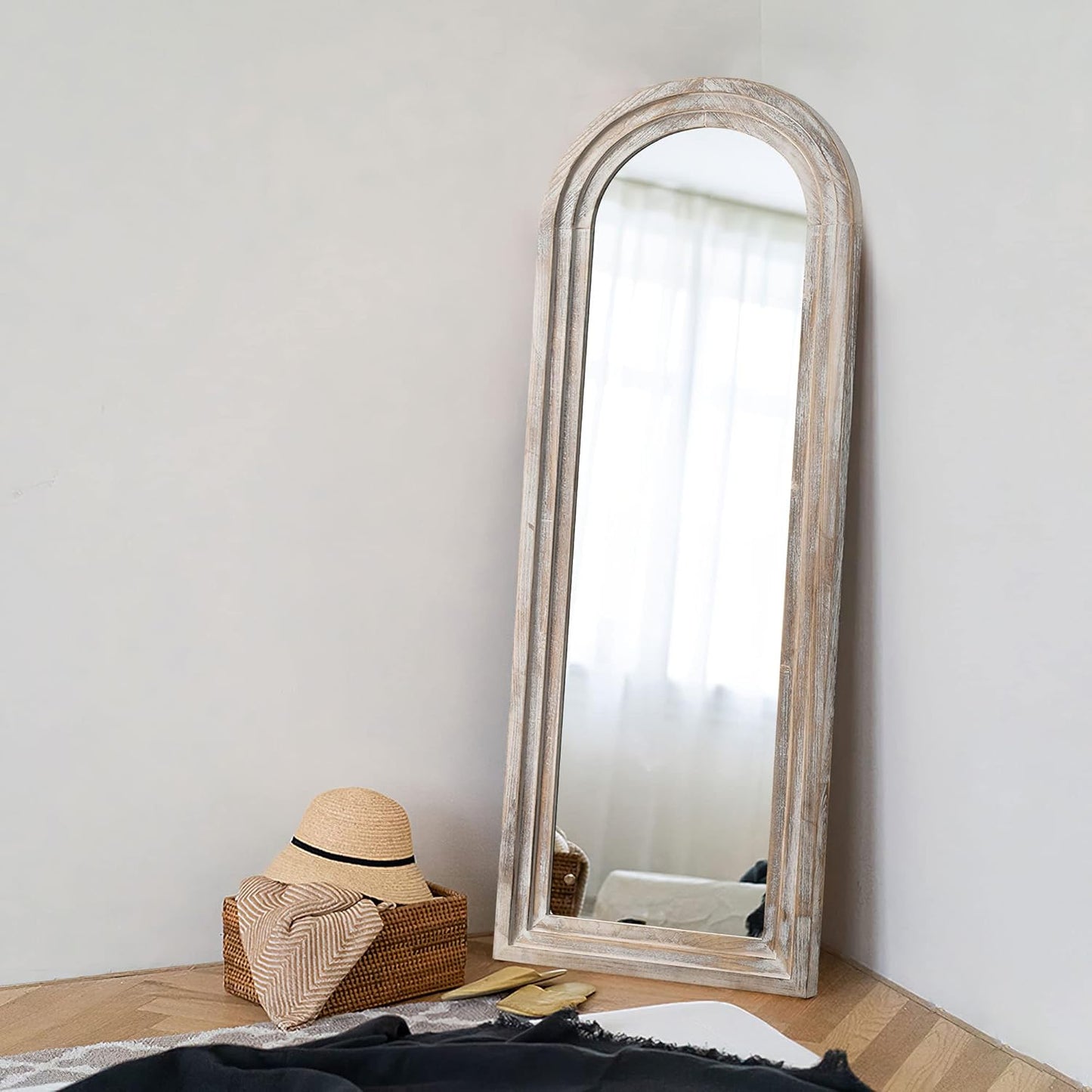 KIAYACI Arched Floor Mirror Wood Frame Wall Mounted Mirror Distressed Style Wide Frame Dressing Make up Mirror for Bathroom/Bedroom/Living Room/Dining Room/Entry/Farmhouse (Light Gray, 64" X 21")…
