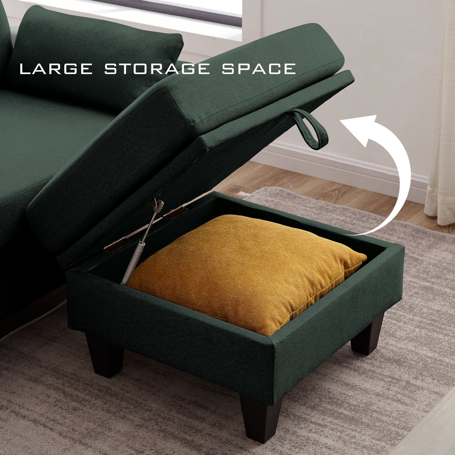 Versatile 4-Seat L-Shaped Sectional Sofa with Reversible Storage Ottoman & Side Pockets – Perfect for Living Room, Office, or Apartment Green