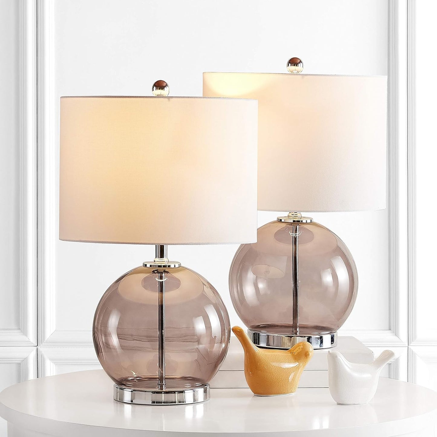 SAFAVIEH Lighting Collection Lonni Smoked Grey Glass 23-Inch Bedroom Living Room Home Office Desk Nightstand round Table Lamp Set of 2 (LED Bulbs Included)