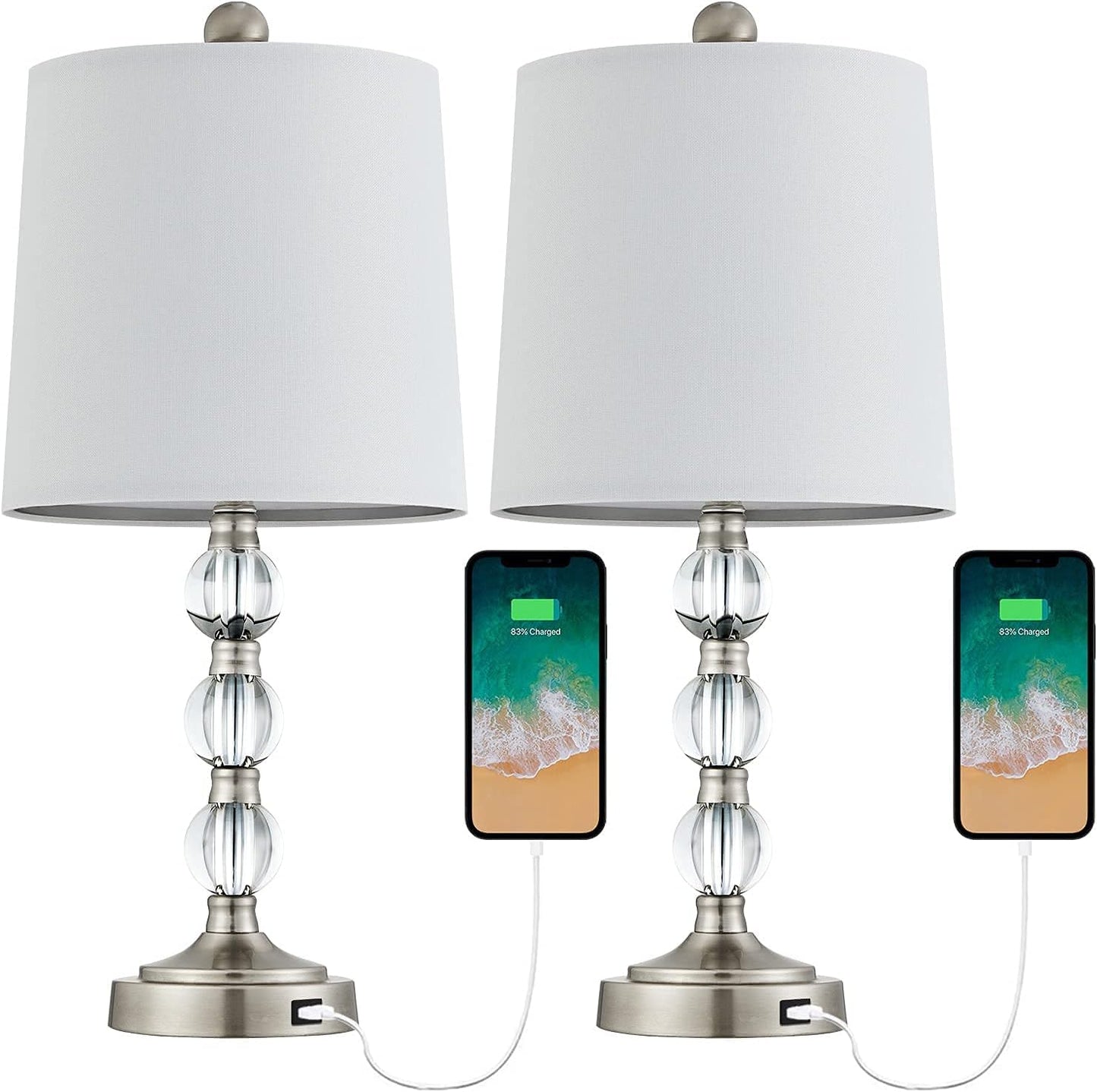 Oneach Modern USB Table Lamps Set of 2 for Living Room Bedroom Stacked Crystal Ball Table Lamp with White Drum Shade 20.5" Accent Bedside Lamps