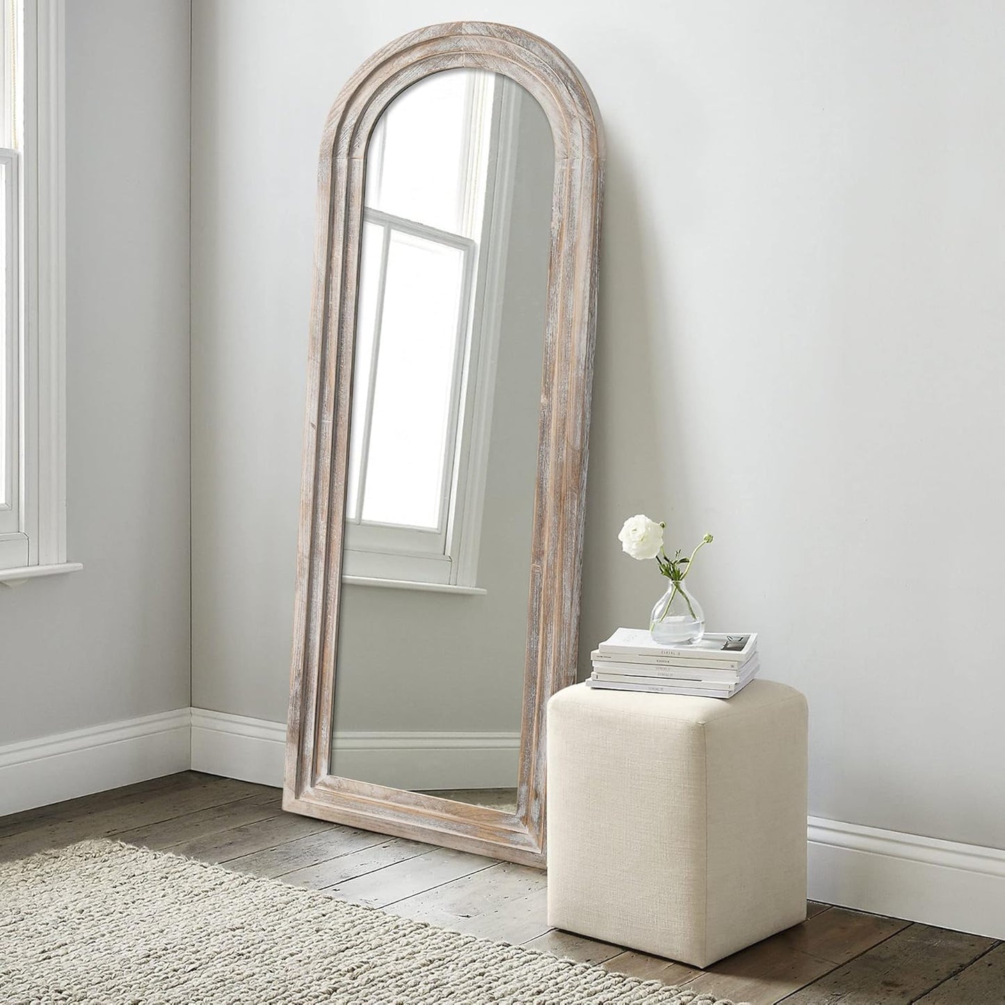 KIAYACI Arched Floor Mirror Wood Frame Wall Mounted Mirror Distressed Style Wide Frame Dressing Make up Mirror for Bathroom/Bedroom/Living Room/Dining Room/Entry/Farmhouse (Light Gray, 64" X 21")…