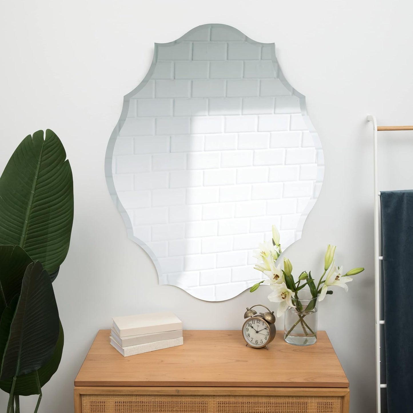 Hamilton Hills 30" X 40" Modern Silver Polished Glass Rectangular Mirror | Elaborate Scallop Wall Mirror Scalloped Edges Vanity for Bedroom, Bathroom and Living-Rooms| Hangs Horizontal and Vertical