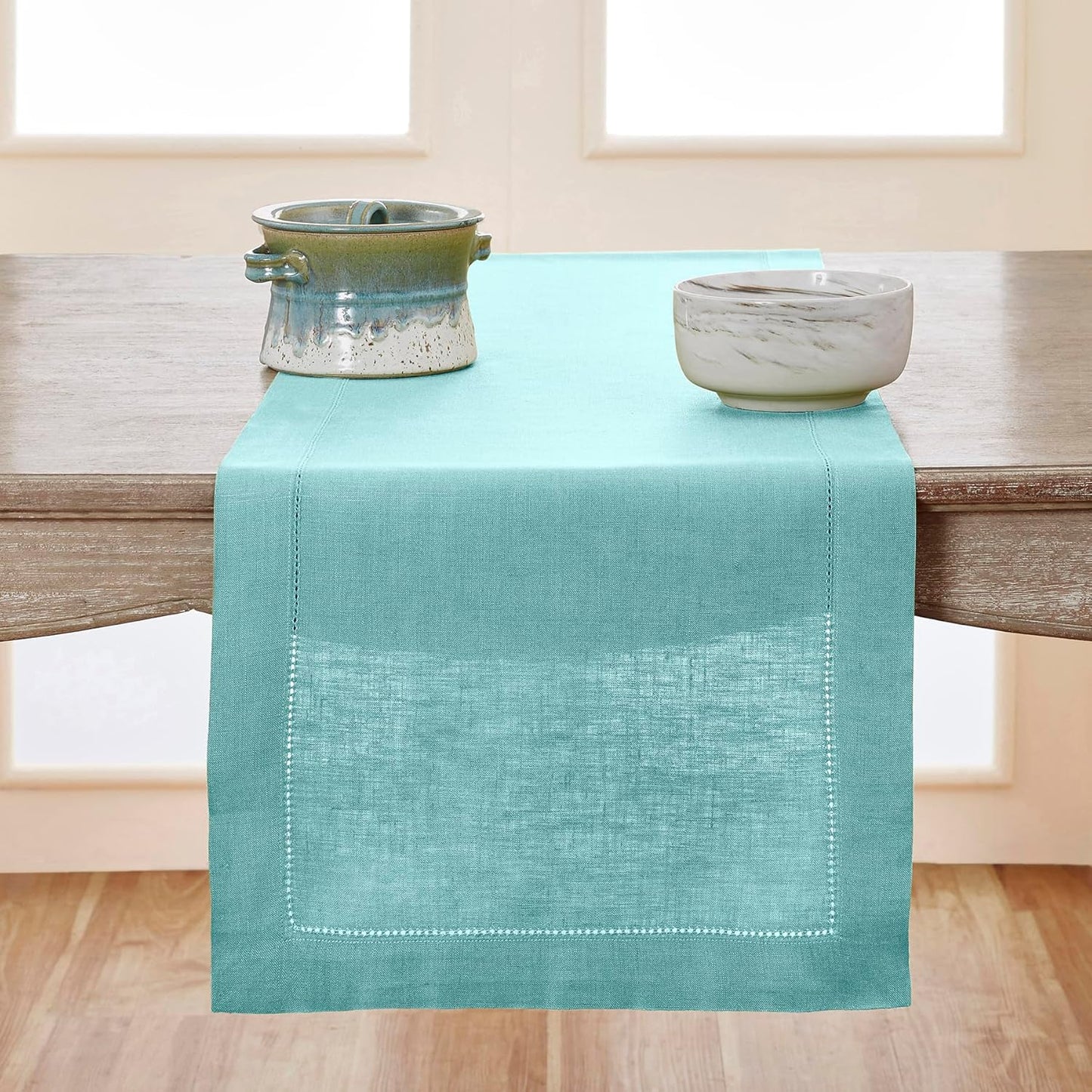 Solino Home Purple Linen Table Runner 60 Inches Long – 100% Pure Linen Classic Hemstitch Table Runner 14 X 60 Inch – Machine Washable Dining Table Runner for Valentines Day, Spring, Easter Decor