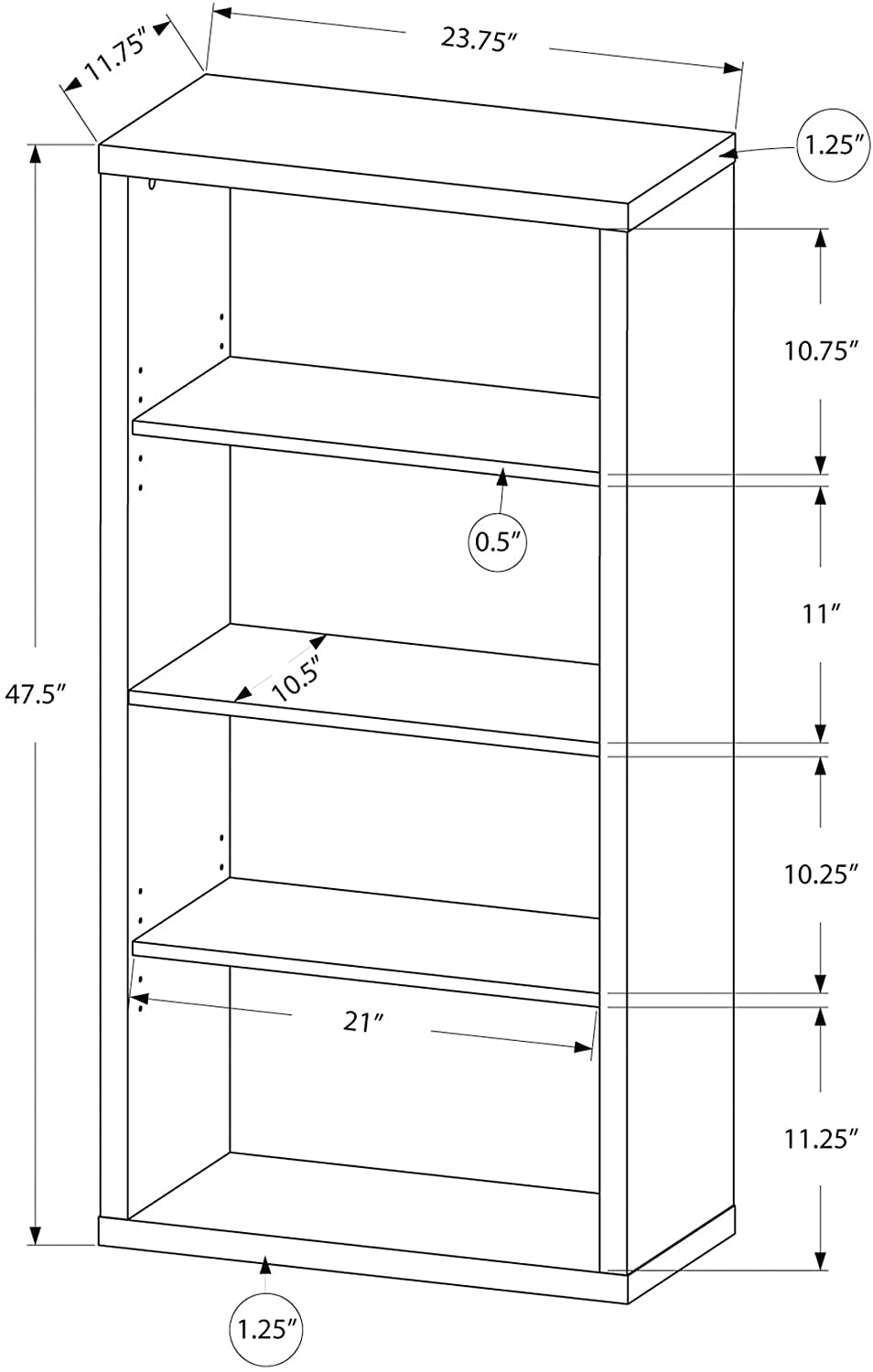 Adjustable 3-Shelf Bookcase - 48”H (Brown)