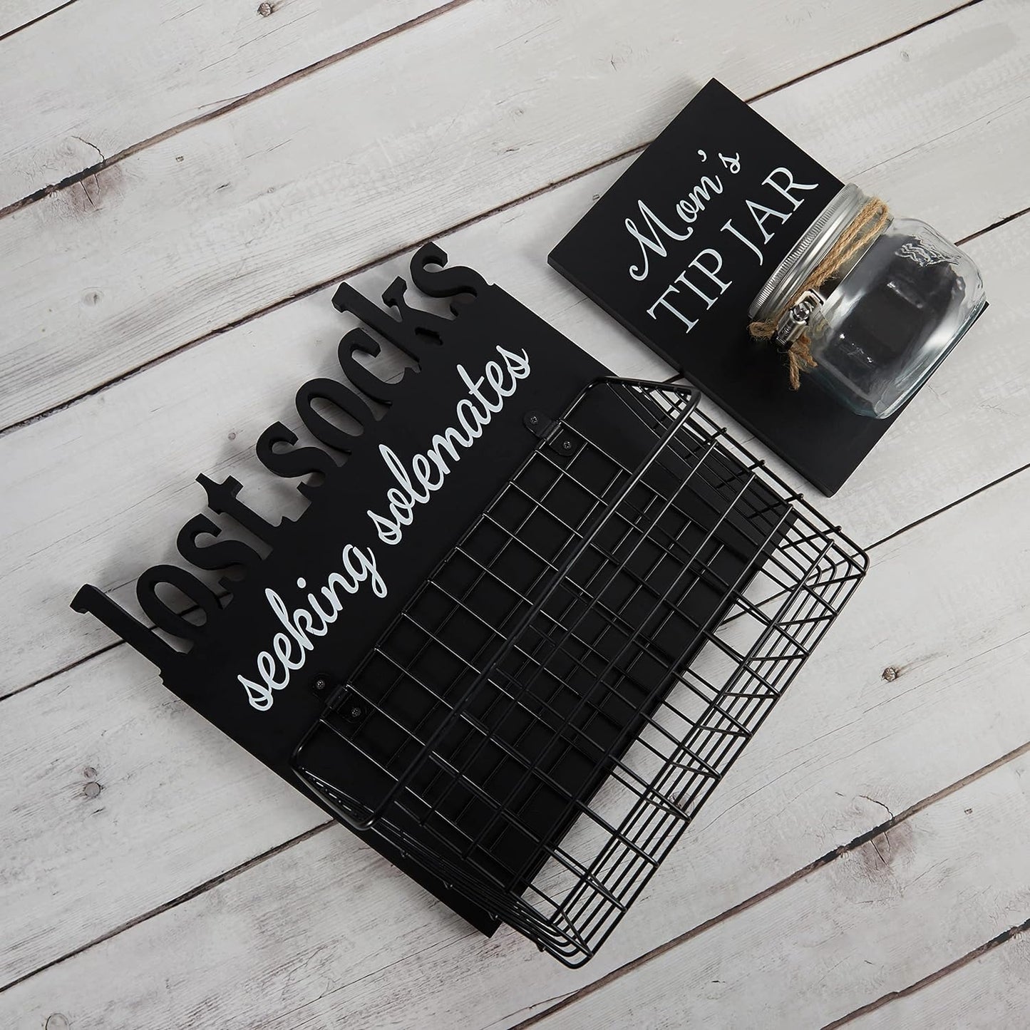 Cutout Letters Lost Socks - Laundry Room Organization, Farmhouse Laundry Room Decor and Accessories - House Decor Rustic Wooden Laundry Sign Wall Decor with Attached Basket - Black
