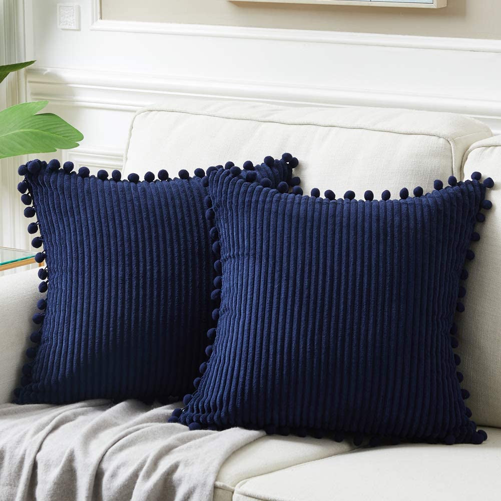 Fancy Homi Dark Gray Decorative Throw Pillow Covers 18X18 Inch with Pom Poms, Boho Farmhouse Home Decor, Soft Corduroy Accent Square Cushion Case for Living Room Couch Bed Sofa 45X45 Cm