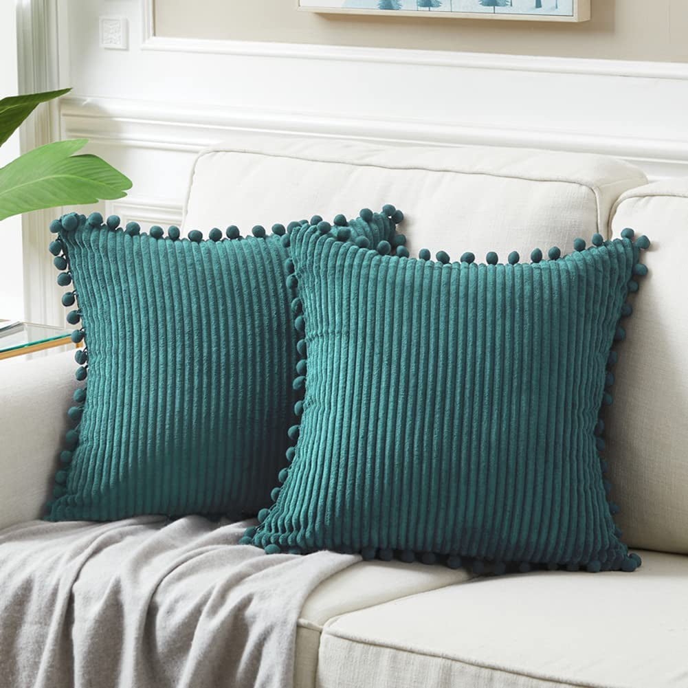 Fancy Homi Dark Gray Decorative Throw Pillow Covers 18X18 Inch with Pom Poms, Boho Farmhouse Home Decor, Soft Corduroy Accent Square Cushion Case for Living Room Couch Bed Sofa 45X45 Cm