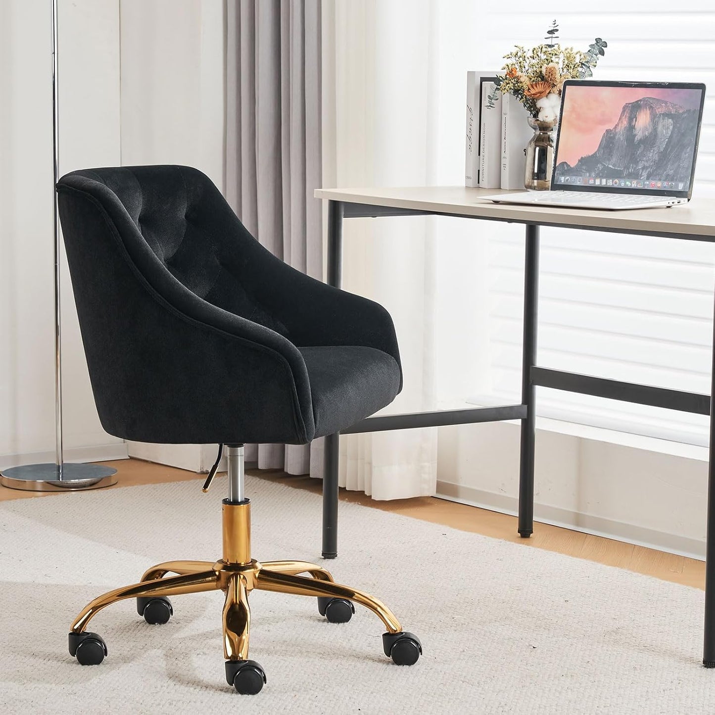 ATTICA Home Office Desk Chair Modern Velvet Office Chair Height Adjustable Computer Chair Mid-Back Swivel Task Chair Upholstered Velvet Desk Chair with Armrest for Study Bedroom Living Room(Black)