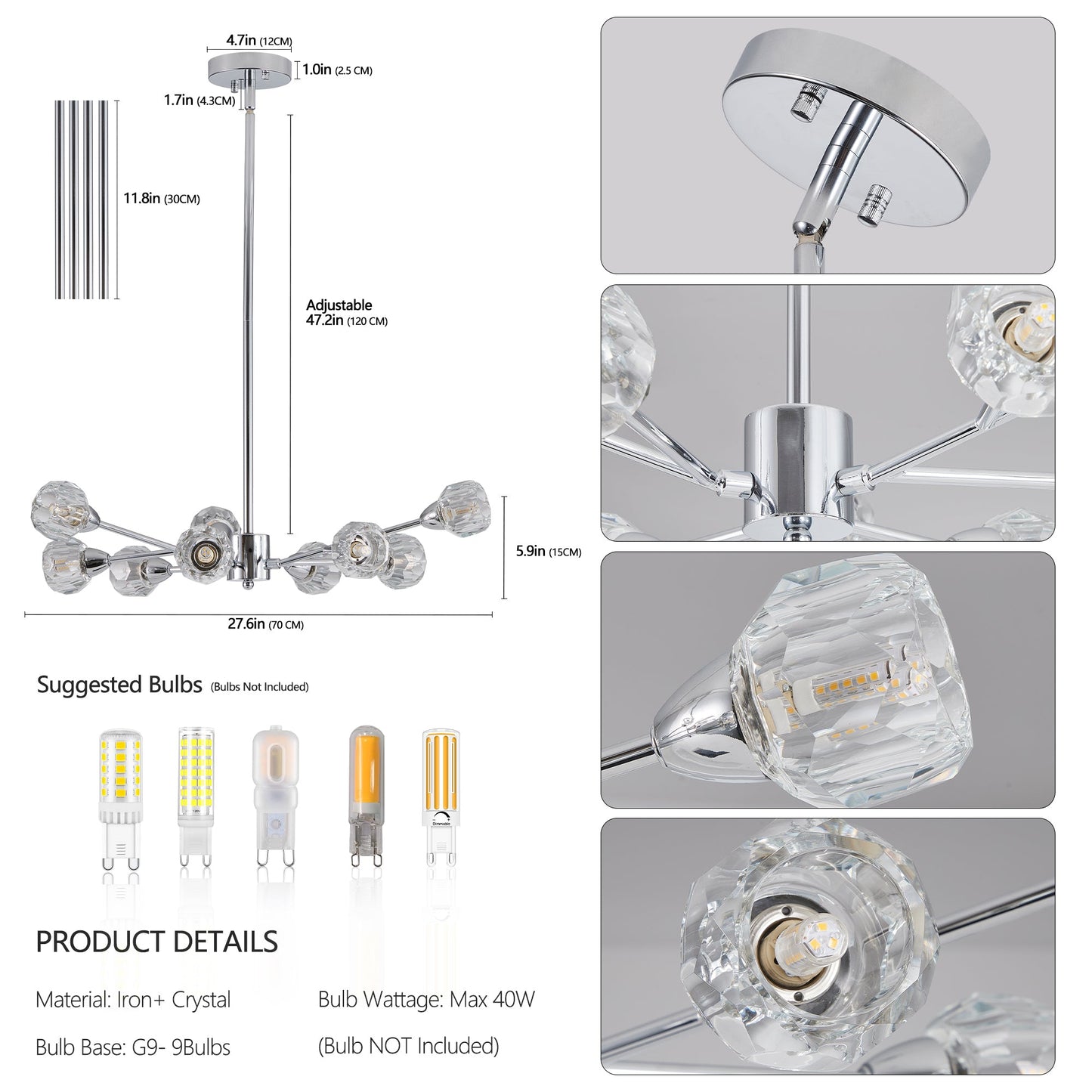 Modern Crystal Chandeliers, 9 Lights Chrome Chandelier for Living Room