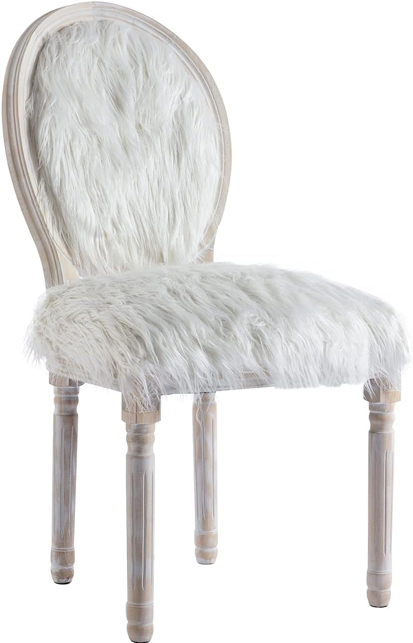 Kmax Faux Fur Elegant Kitchen Chairs Farmhouse Dining Room Chairs Bedroom Vanity Chairs Wood Legs with round Back, White