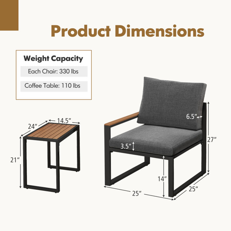 3 Pieces Aluminum Frame Weatherproof Outdoor Conversation Set with