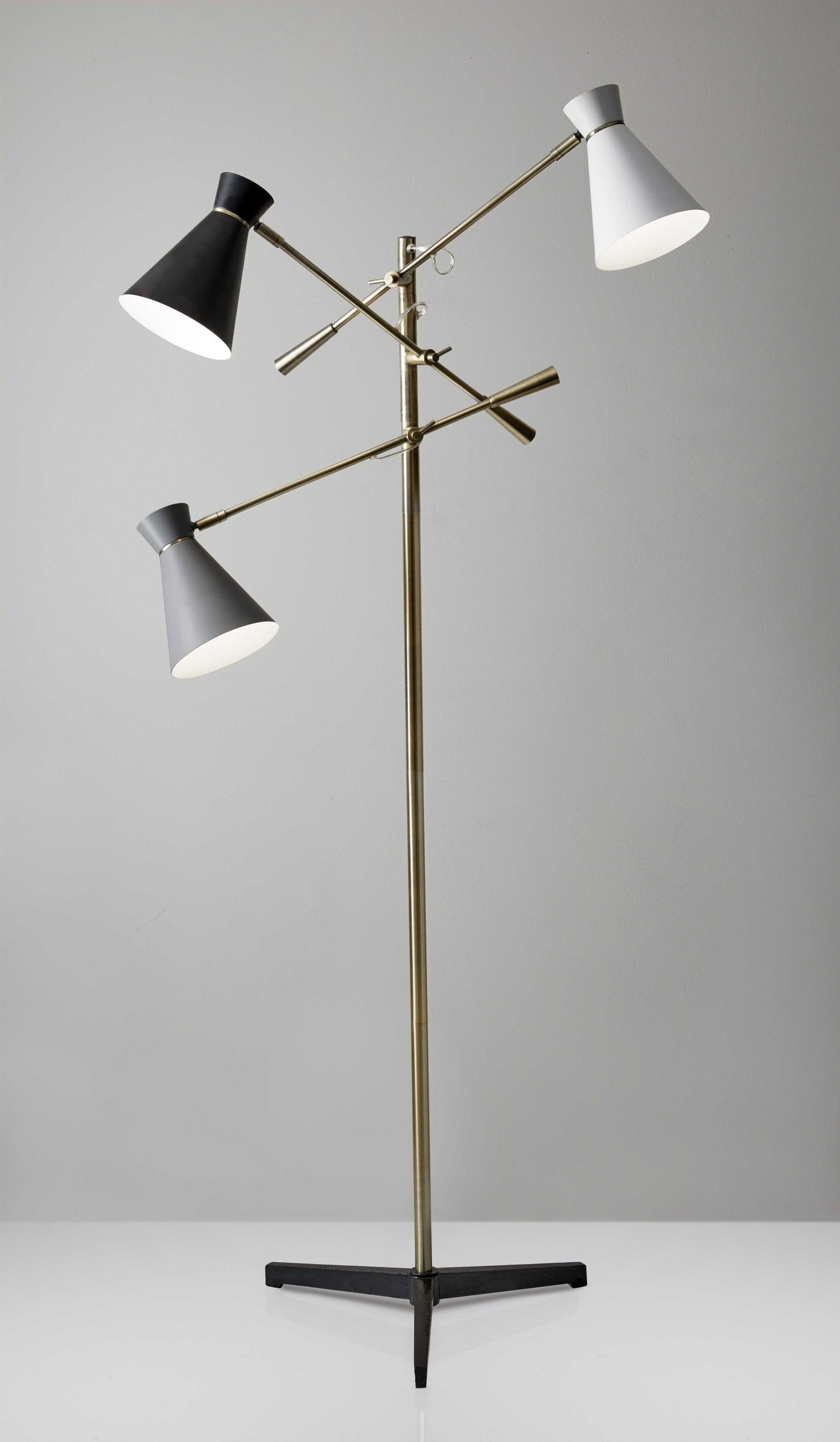 Three Arm Adjustable Floor Lamp in Brass Metal with Grey Black and