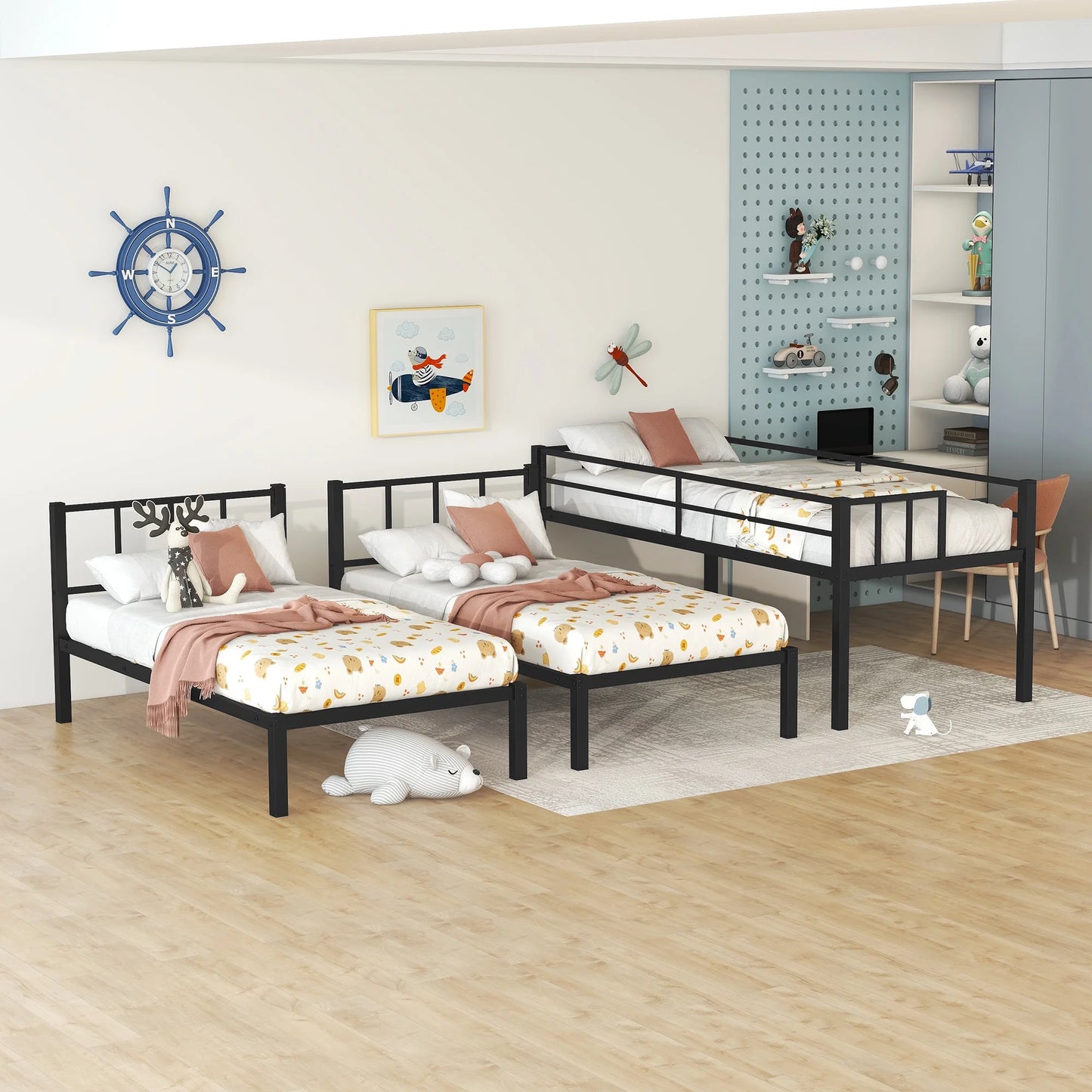 Metal Twin Triple Bunk Bed, Twin over Twin over Twin Bunk Bed for 3 Kids, Noise Reduced Structure, Separates into 3 Twin Beds, Black