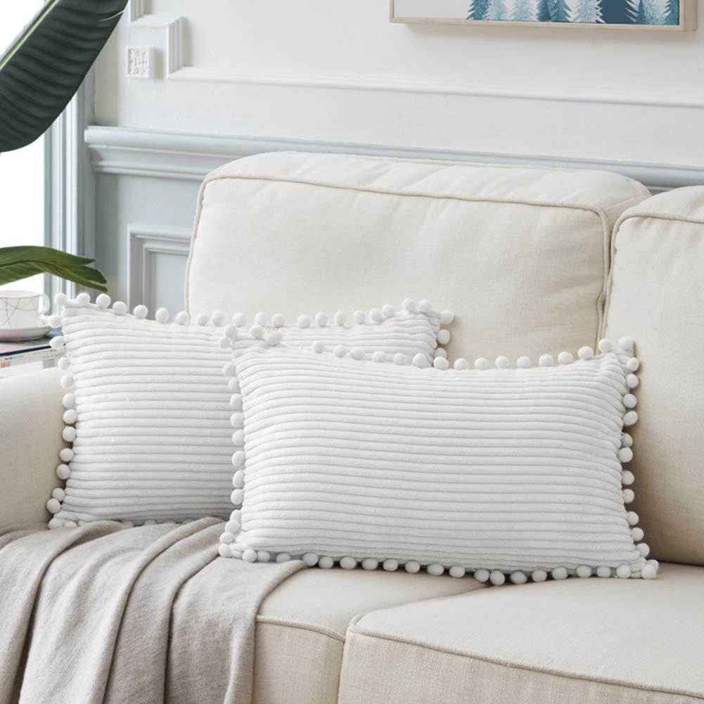 Fancy Homi Dark Gray Decorative Throw Pillow Covers 18X18 Inch with Pom Poms, Boho Farmhouse Home Decor, Soft Corduroy Accent Square Cushion Case for Living Room Couch Bed Sofa 45X45 Cm