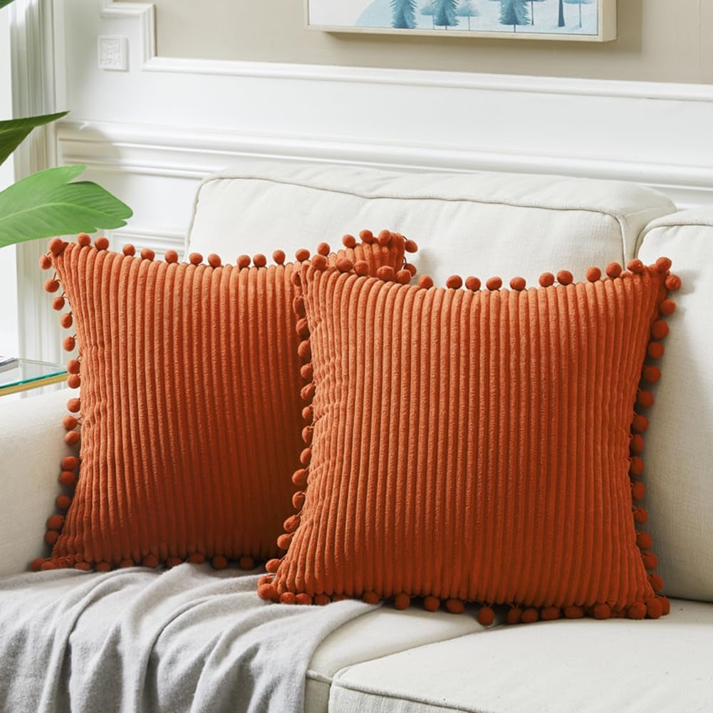 Fancy Homi Dark Gray Decorative Throw Pillow Covers 18X18 Inch with Pom Poms, Boho Farmhouse Home Decor, Soft Corduroy Accent Square Cushion Case for Living Room Couch Bed Sofa 45X45 Cm