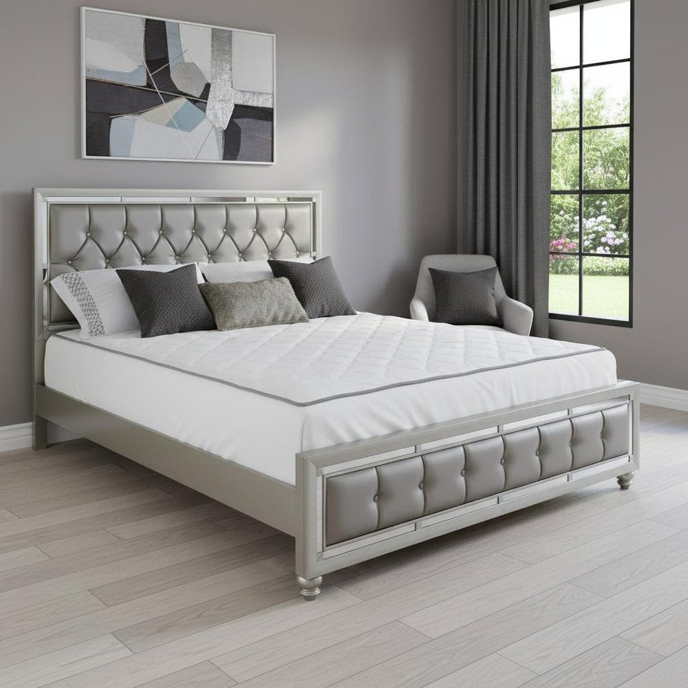 Silver Champagne Tone King Bed Padded Headboard Padded Footboard Mirror Trim Accents
