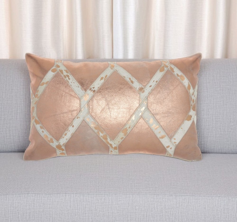 12" X 20" Rose Gold and White Metallic and Cowhide Throw Pillow