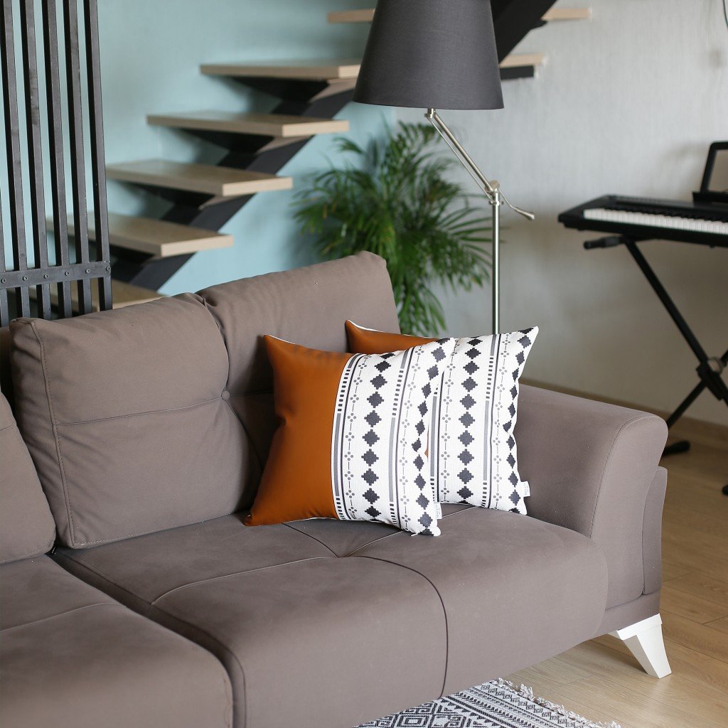 Set of 2 Half Diamond Patterns and Rustic Brown Faux Leather Lumbar