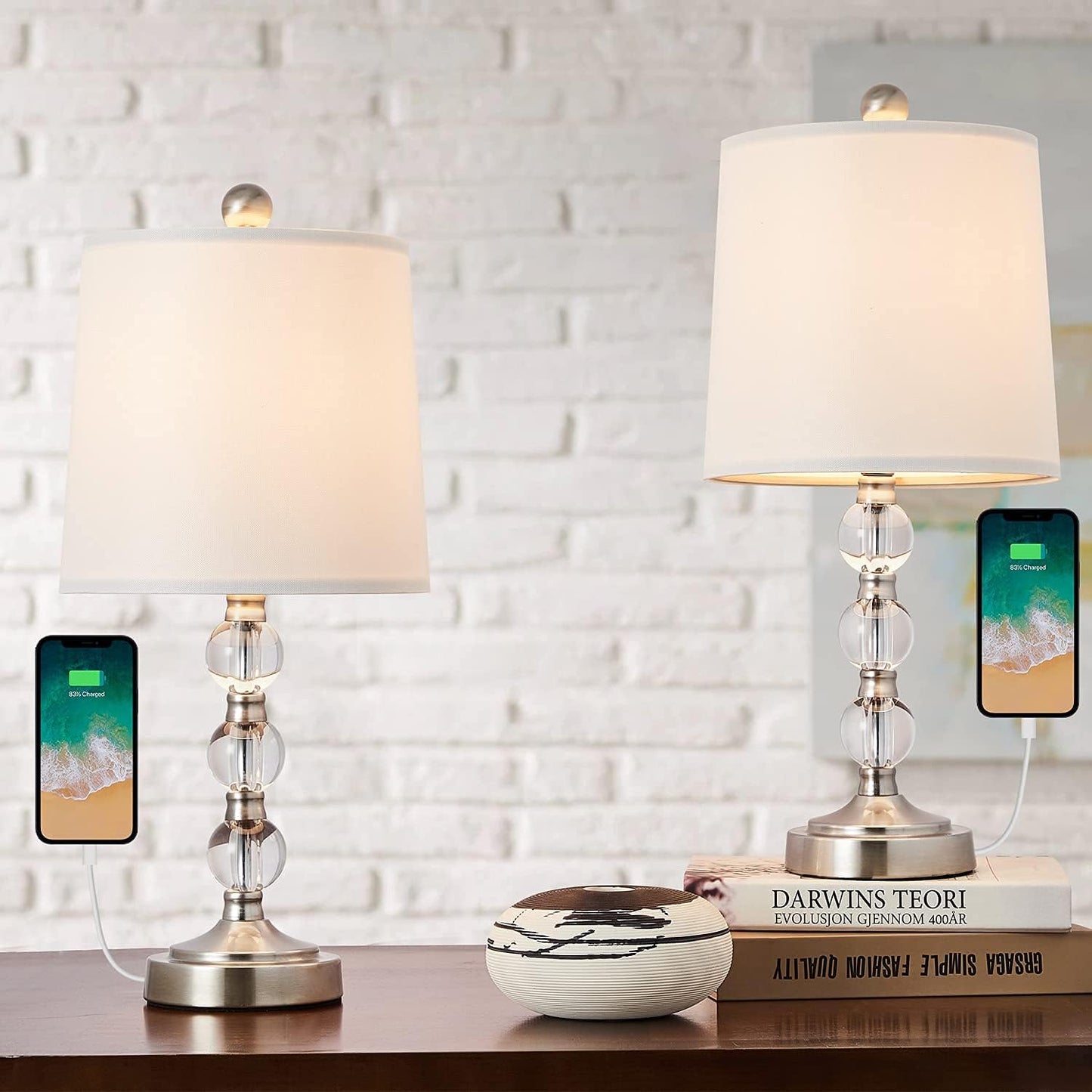 Oneach Modern USB Table Lamps Set of 2 for Living Room Bedroom Stacked Crystal Ball Table Lamp with White Drum Shade 20.5" Accent Bedside Lamps