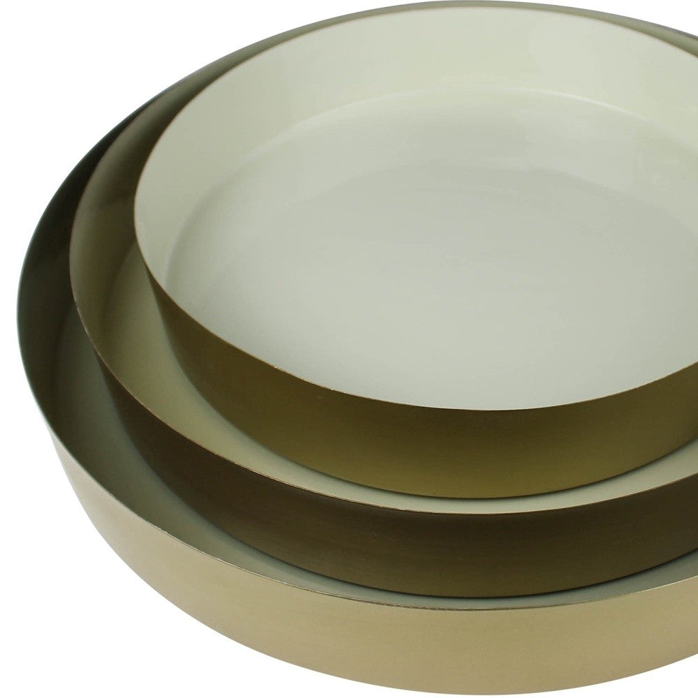 Set of Three Gold And Beige Round Metal Handmade Serving Trays