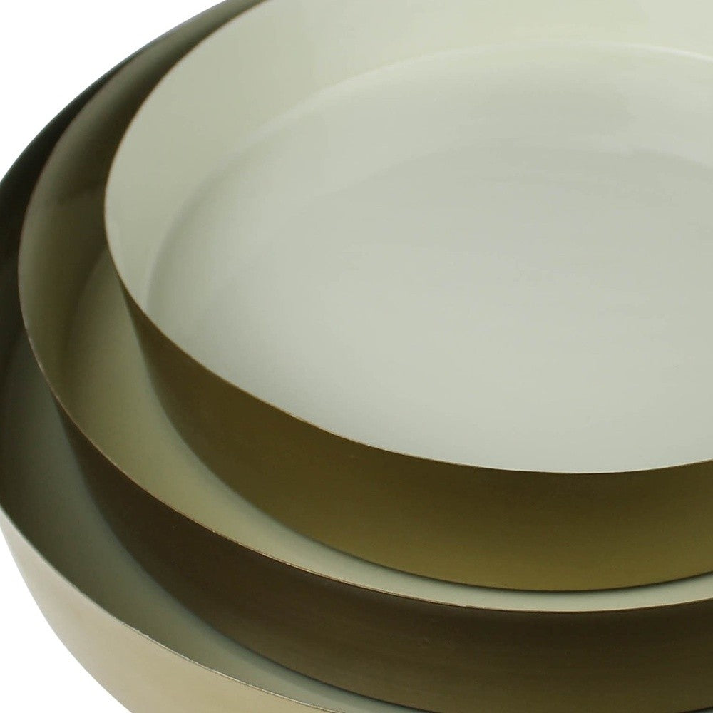 Set of Three Gold And Beige Round Metal Handmade Serving Trays