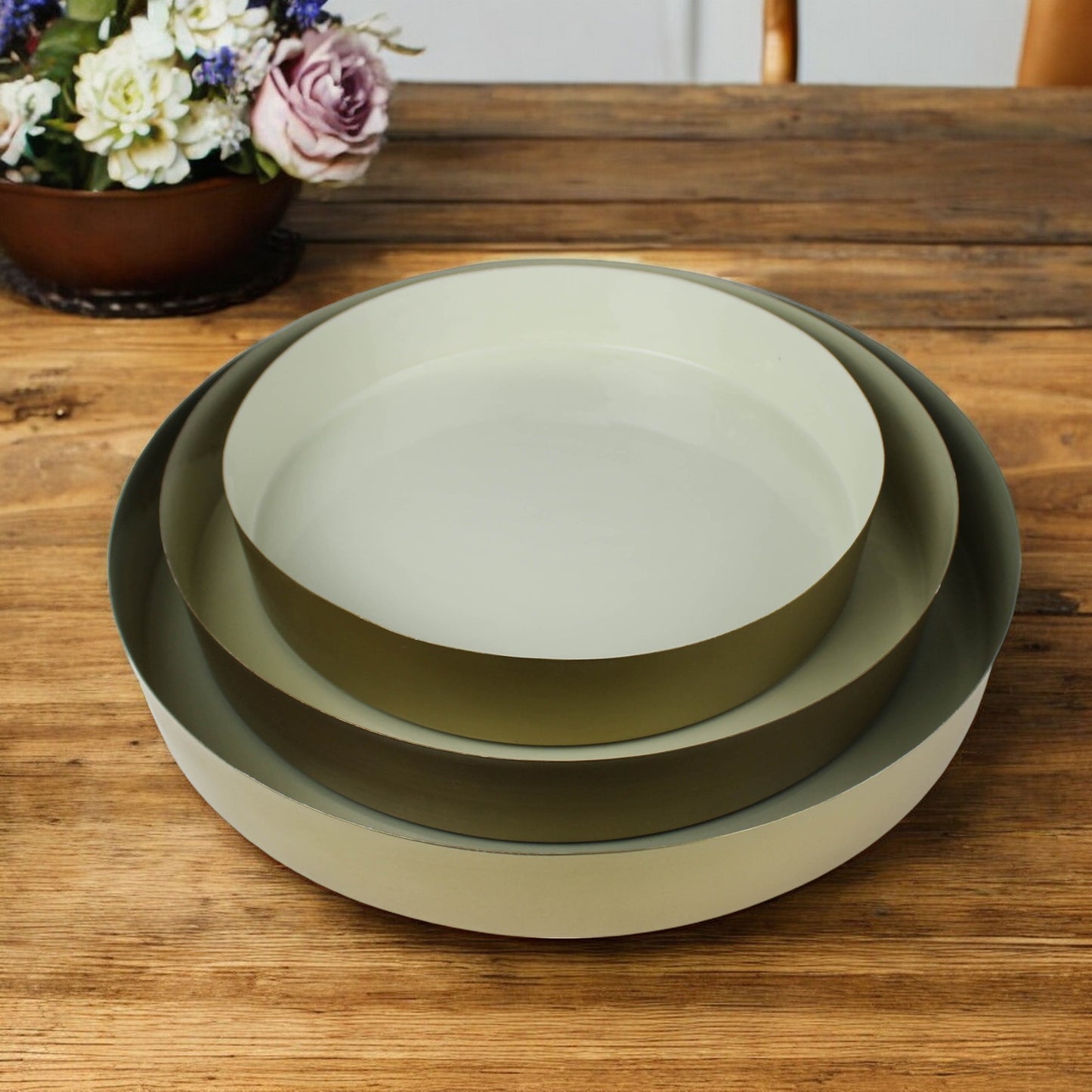 Set of Three Gold And Beige Round Metal Handmade Serving Trays
