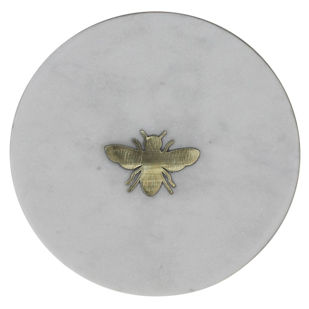 6" White And Gold Bumble Bee Inlaid Marble Serving Tray