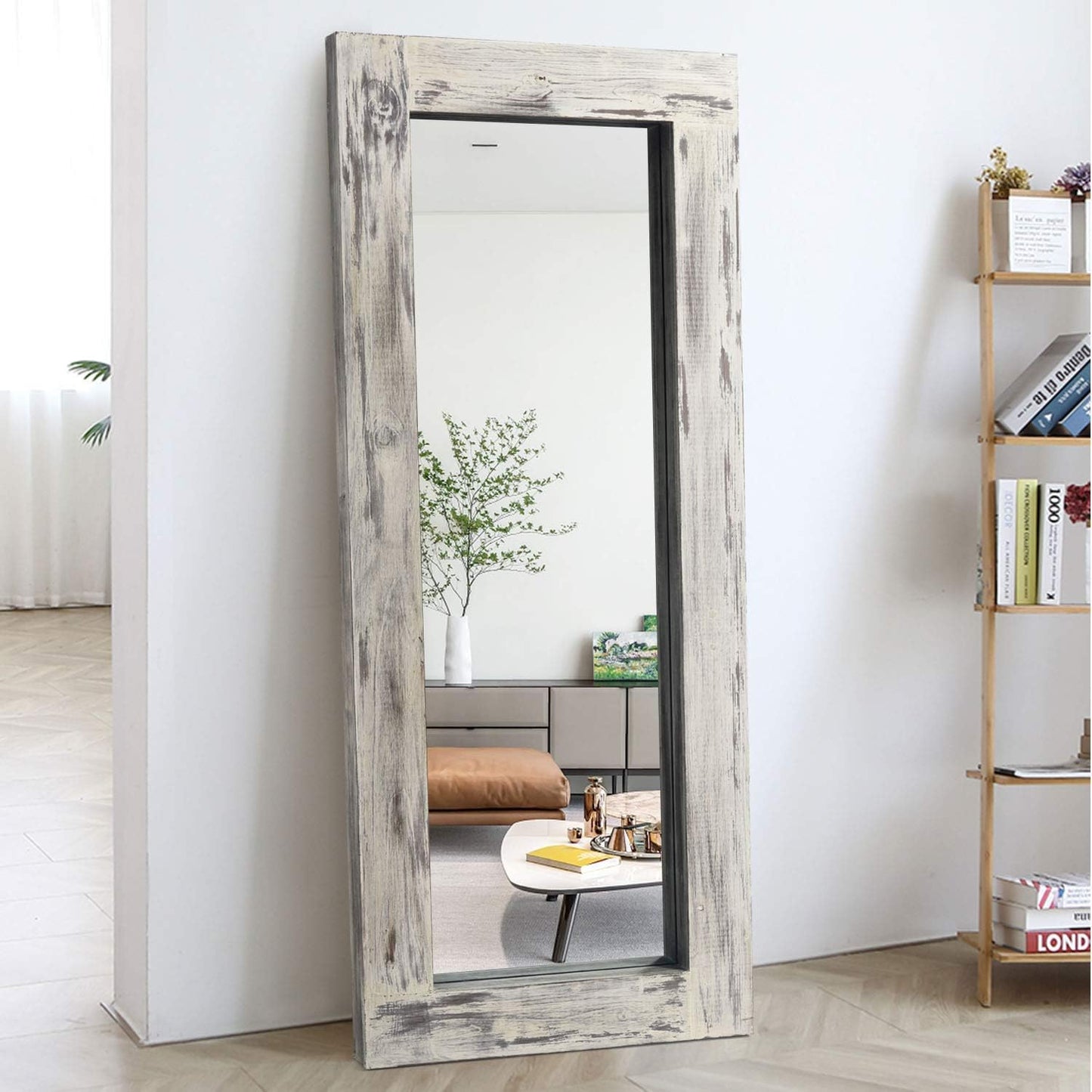 KIAYACI Arched Floor Mirror Wood Frame Wall Mounted Mirror Distressed Style Wide Frame Dressing Make up Mirror for Bathroom/Bedroom/Living Room/Dining Room/Entry/Farmhouse (Light Gray, 64" X 21")…