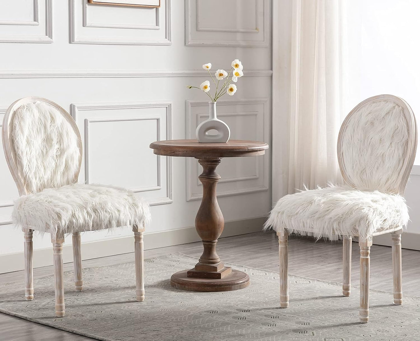 Kmax Faux Fur Elegant Kitchen Chairs Farmhouse Dining Room Chairs Bedroom Vanity Chairs Wood Legs with round Back, White