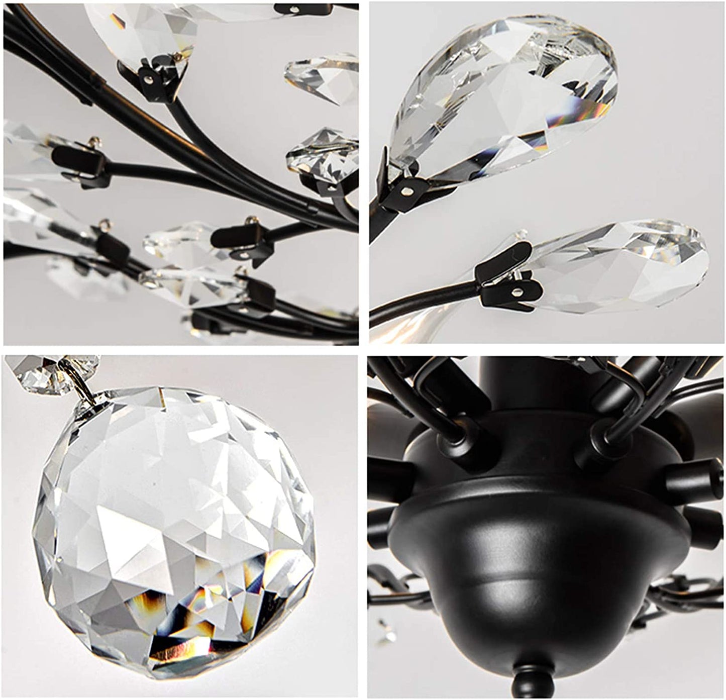 Seol-Light Vintage Crystal Branch Close to Ceiling Light Fixture Black Chandelier Flush Mount with 4 Light 160W 24.5" Dia;