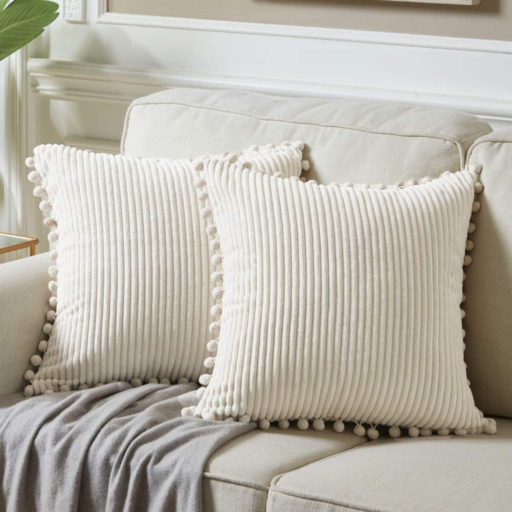 Fancy Homi Dark Gray Decorative Throw Pillow Covers 18X18 Inch with Pom Poms, Boho Farmhouse Home Decor, Soft Corduroy Accent Square Cushion Case for Living Room Couch Bed Sofa 45X45 Cm