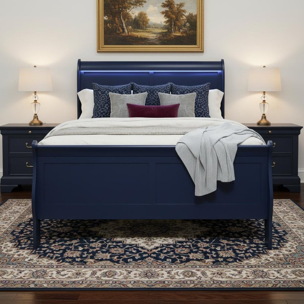 Blue Upholstered Full Bed Frame With No
